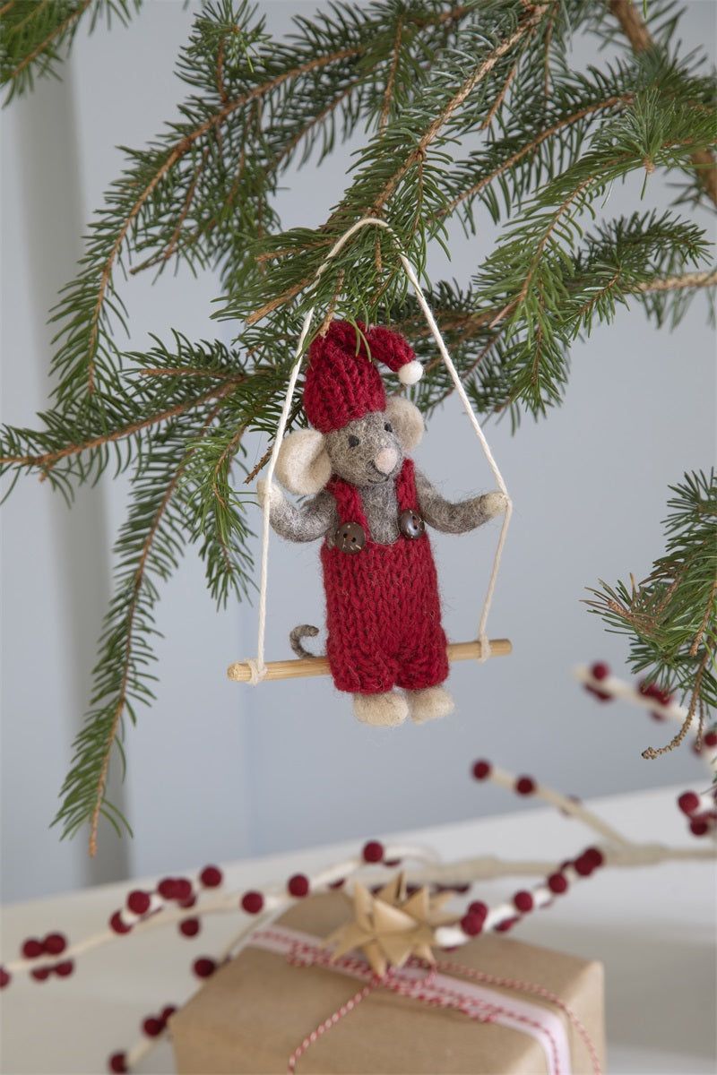 Felt Christmas Tree Decoration - Christmas Mouse on Swing